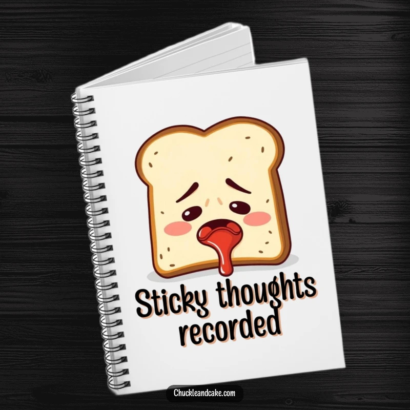 Funny embarrassed toast spraying jam on a notebook cover.