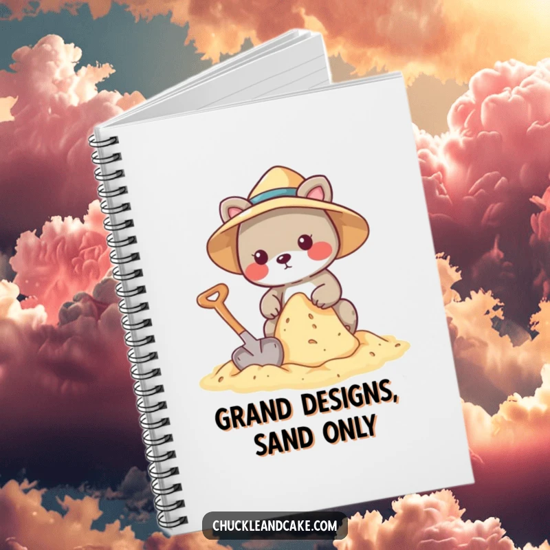 Funny notebook cover art of an animal wearing a sun hat, building a sandcastle with a shovel.