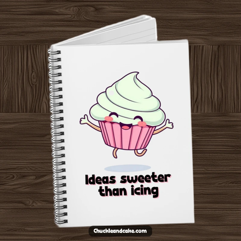 Funny notebook with a joyful, smiling cupcake with legs jumping energetically across the cover, inspiring happy thoughts.