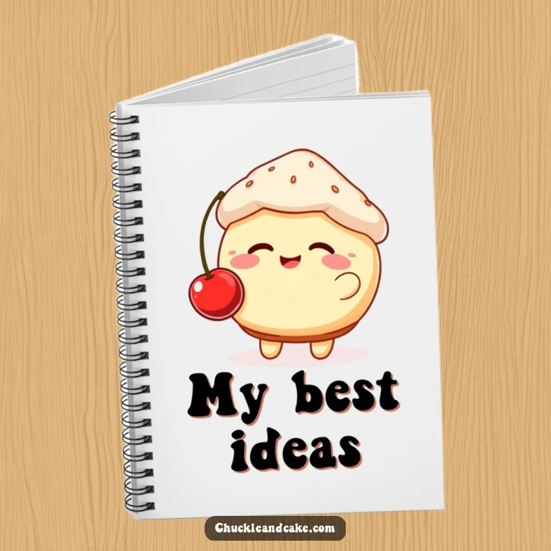Funny notebook cover featuring a giggling muffin with rosy cheeks bouncing a cherry, inspiring sweet notes and happy thoughts.