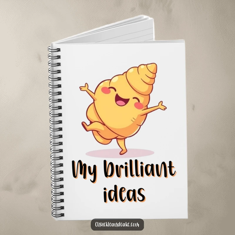 Funny croissant notebook cover showing a delighted croissant executing a cartwheel, inspiring creativity and lightheartedness for all your notes.