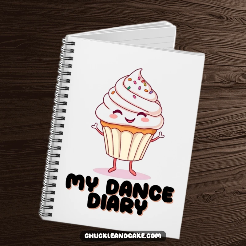 Funny notebook cover art with a smiling cupcake and dancing legs, perfect for capturing notes with a dose of playful humor.