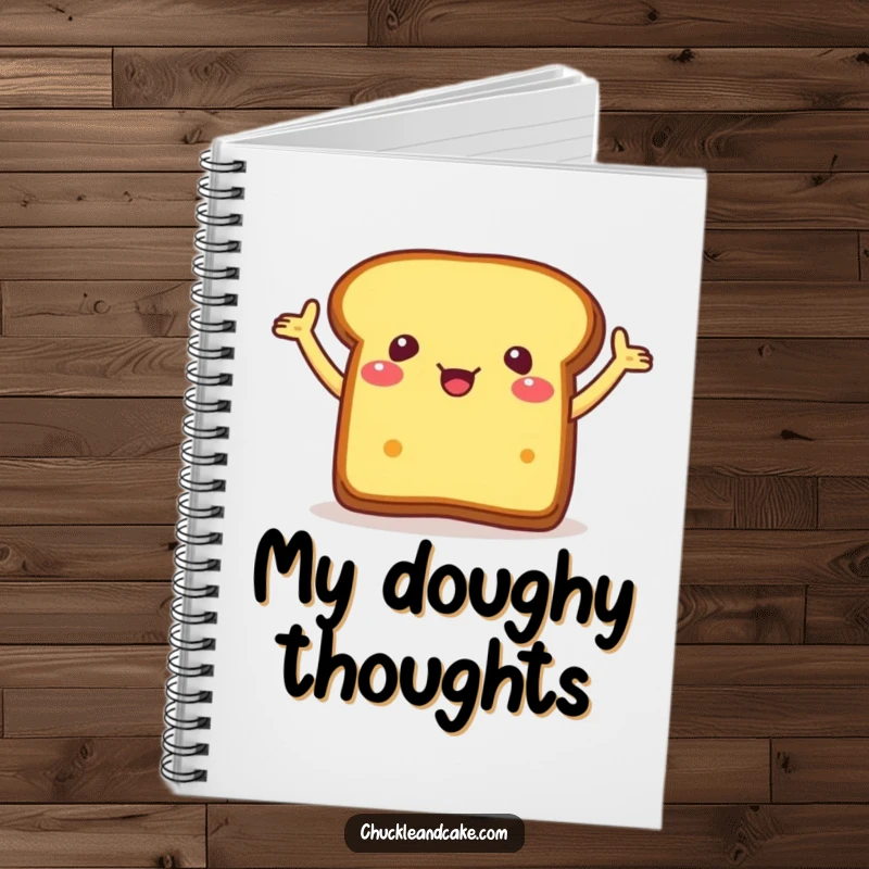 Funny notebook with a piece of bread with arms flailing excitedly, inspiring joyful note-taking and creative ideas.