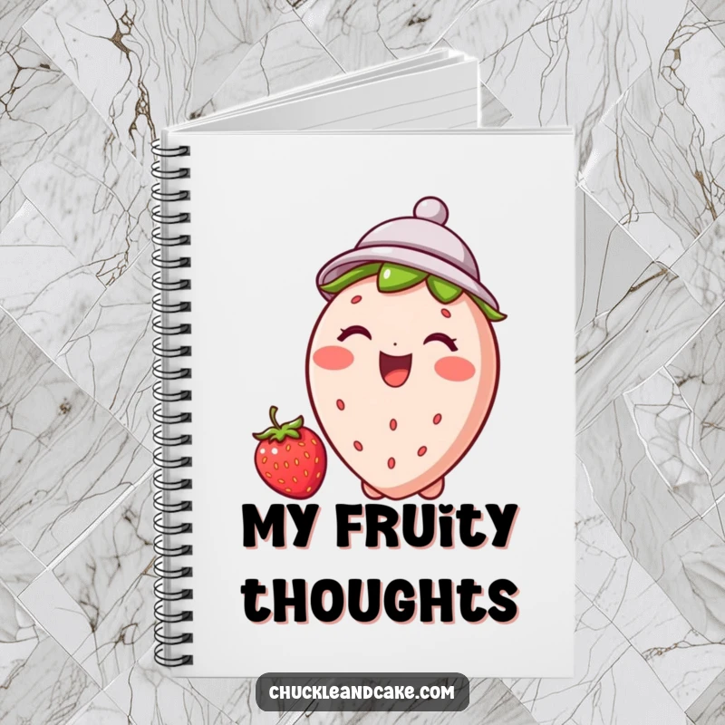 Funny strawberry notebook cover depicting a jubilant strawberry wearing a tiny hat and giggling, inspiring creativity and sweet notes.