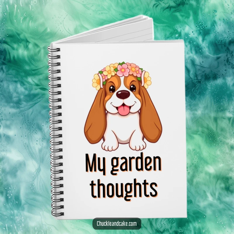 Funny Basset Hound Notebook with droopy ears, wearing a flower crown, smiling, perfect for jotting down notes humorously.