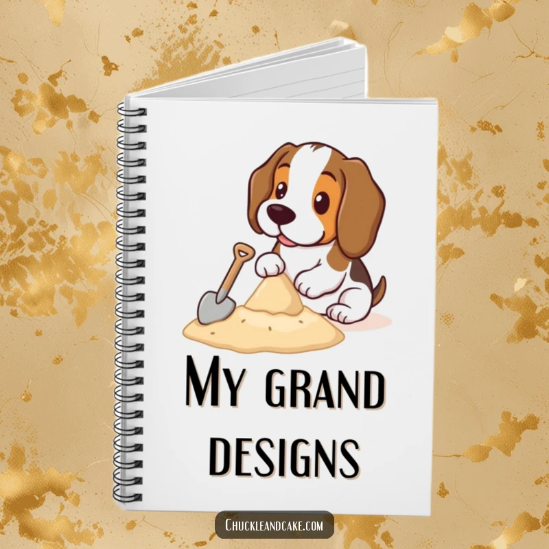 Funny Basset Hound notebook with a charming Basset Hound using a small shovel to build a sandcastle, perfect for jotting down thoughts.