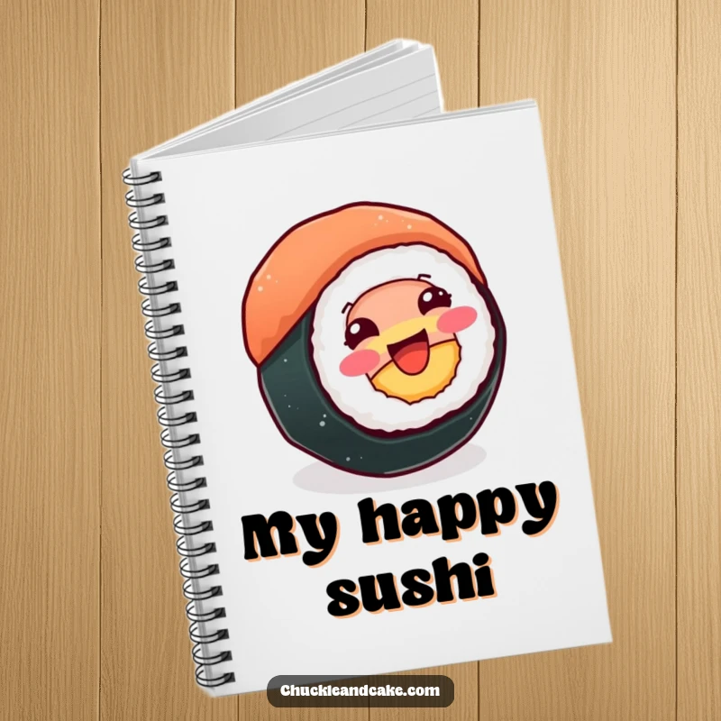 Funny notebook with a beaming sushi roll spinning happily, ideal for jotting down notes with joyful, humorous flair.