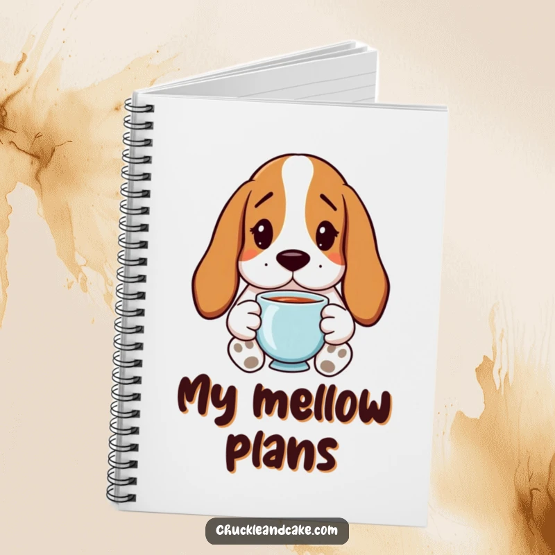 Funny Basset Hound Notebook with droopy ears, holding tea, perfect for jotting down notes humorously.