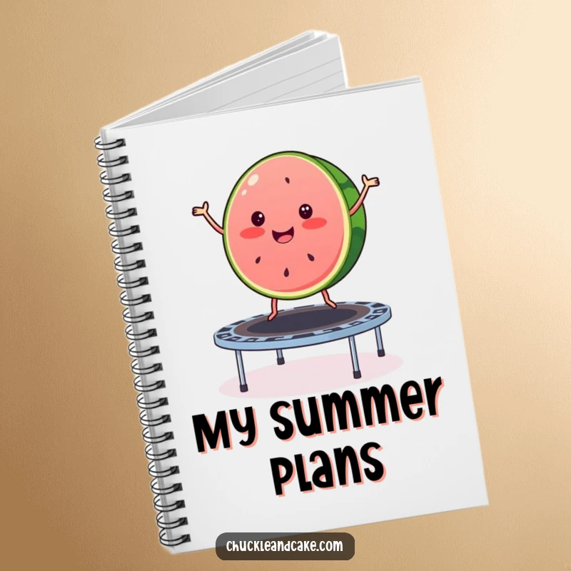 Funny watermelon notebook cover depicting a merry slice of watermelon bouncing on a trampoline, inspiring creativity and summer energy.
