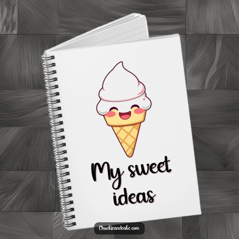 Funny laughing ice cream cone with frosting melting slightly on a notebook, ready for all your sweet notes.