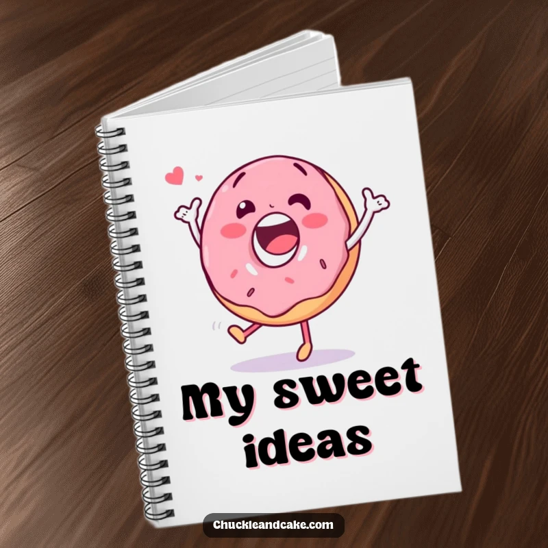 Funny notebook with a happy donut character doing a silly dance, inspiring joyful note-taking and creative ideas.