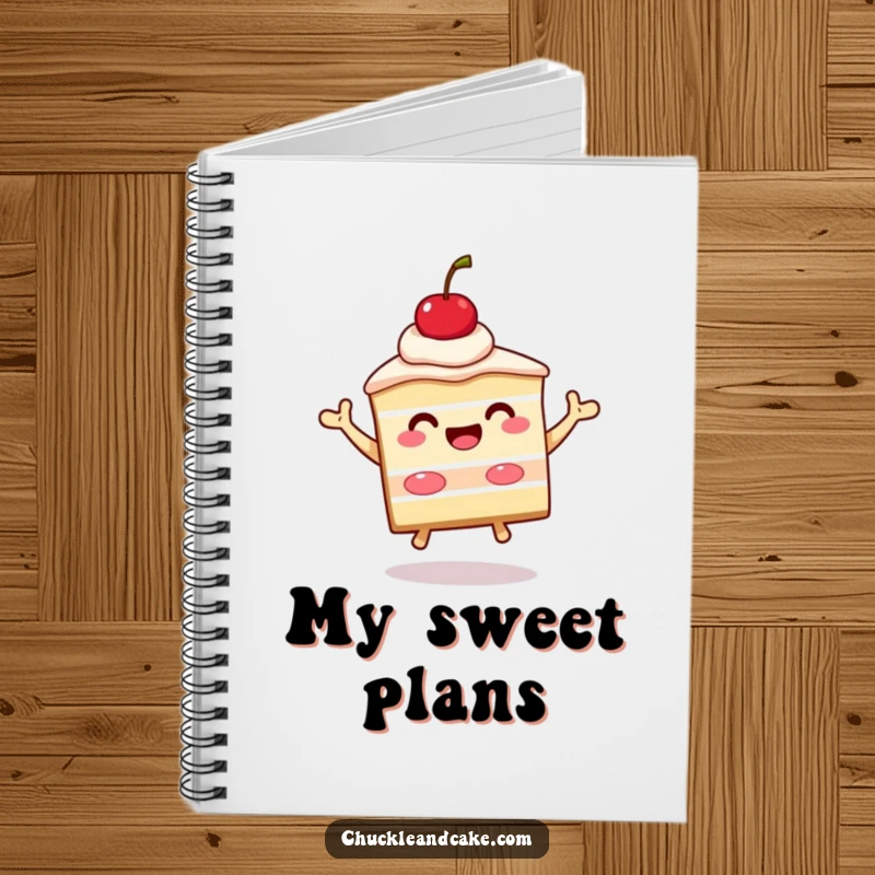 Funny slice of cake with a cherry on top beaming and jumping, a notebook featuring a celebratory dessert character for creative writing.