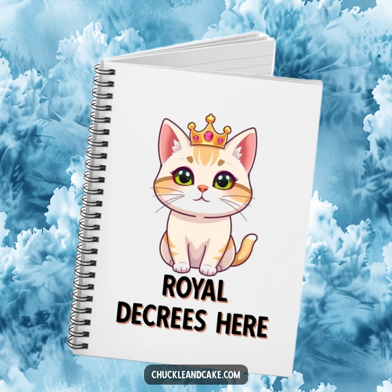 Funny notebook adorned with a Bobtail cat wearing a small crown, looking regal, perfect for jotting down royal thoughts and plans.