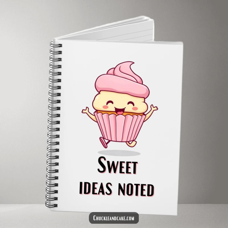 Funny notebook cover with a smiling cupcake wearing a frosting hat, skipping joyfully.