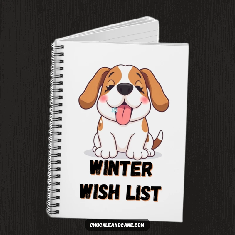 Funny Basset Hound notebook featuring a happy dog catching a snowflake on its tongue, perfect for winter notes.