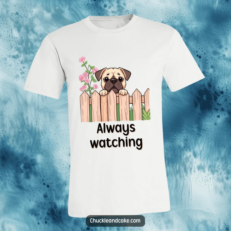 Funny Bullmastiff t-shirt featuring a dog curiously peeking over a garden fence, exuding playful intrigue.