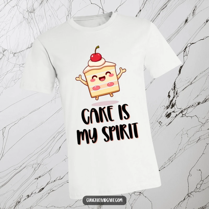 Funny slice of cake with a cherry on top beaming and jumping, a t-shirt design capturing exuberant dessert-themed celebration.