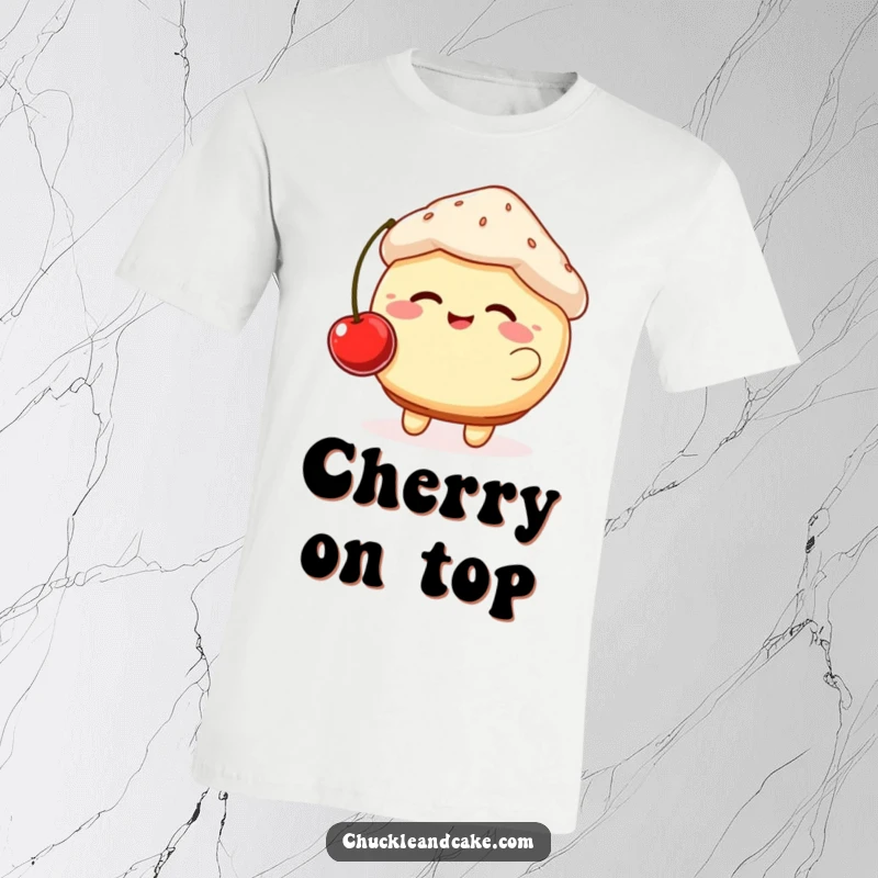 Funny t-shirt depicting a plump, giggling muffin with rosy cheeks, playfully bouncing a cherry, showcasing ultimate sweet joy.