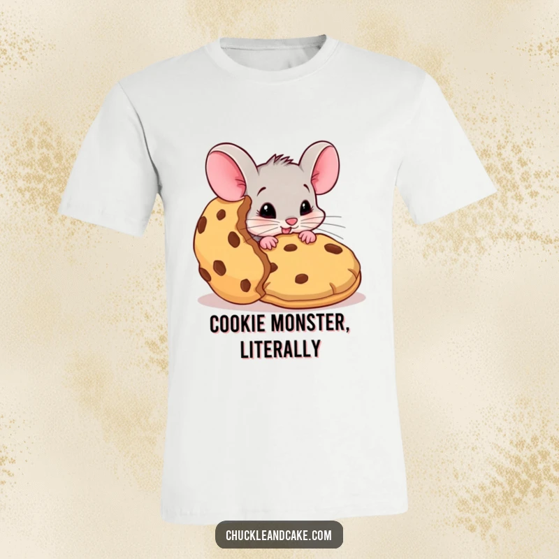 Funny mouse t-shirt, mischievous mouse attempting to steal a huge cookie, cute animal graphic tee, hilarious snack time humor, ideal funny gift.