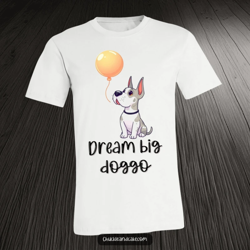 Funny Grand Dane t-shirt depicting a large dog looking up in pure astonishment at a single, floating, bright balloon.