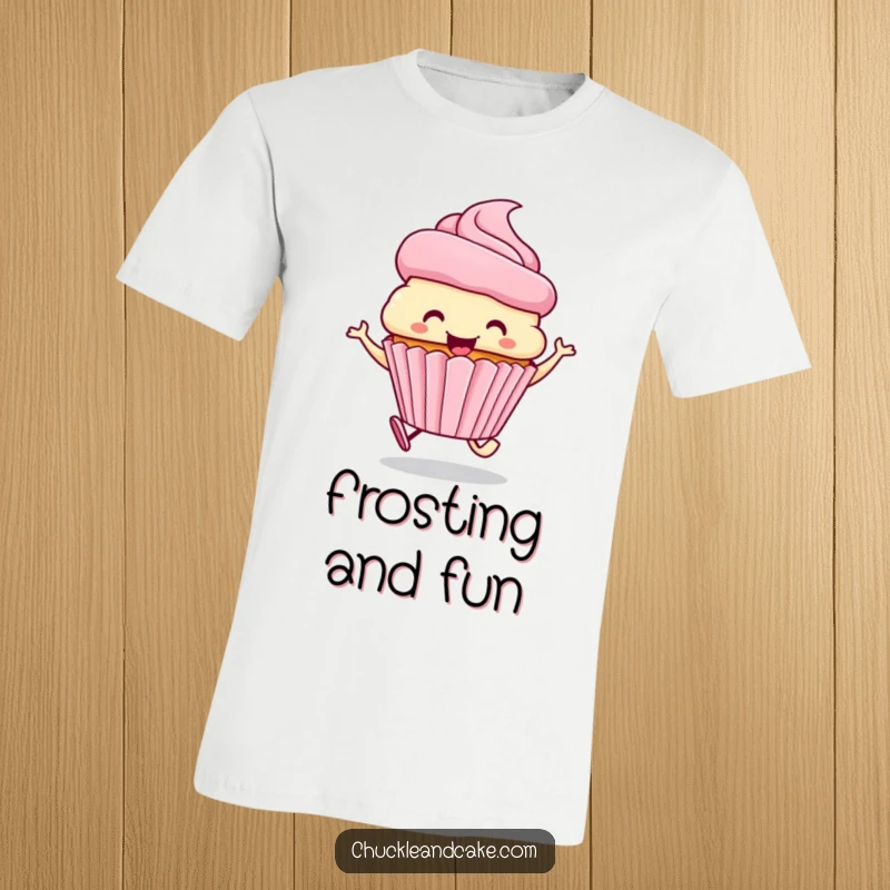 Funny t-shirt graphic of a smiling cupcake with a frosting hat, skipping gleefully.