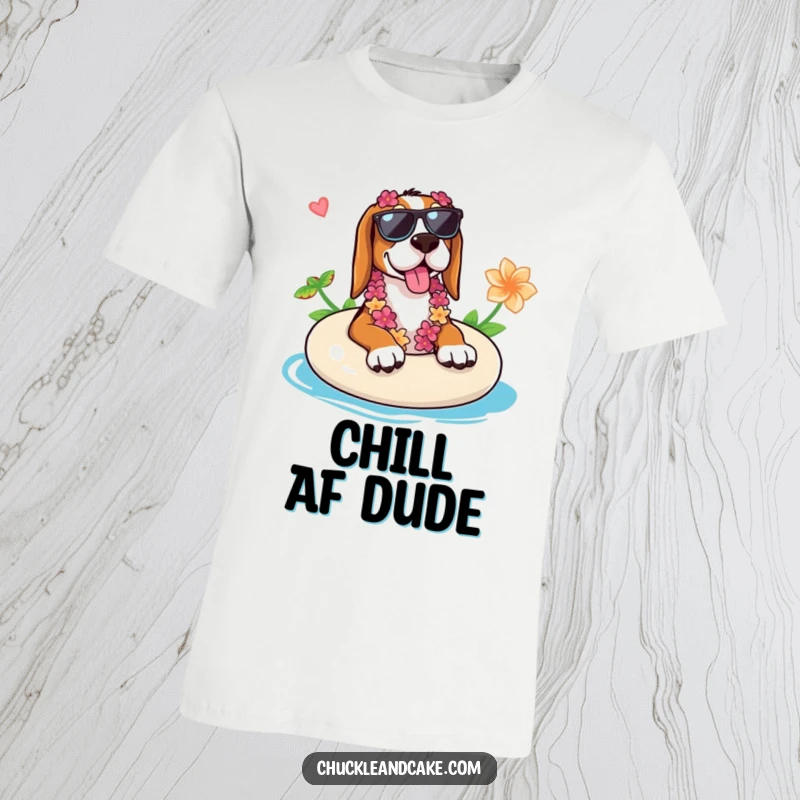 Funny Basset Hound T-shirt of a Basset Hound wearing sunglasses and a lei, chilling on a float, radiating pure relaxation and humor.