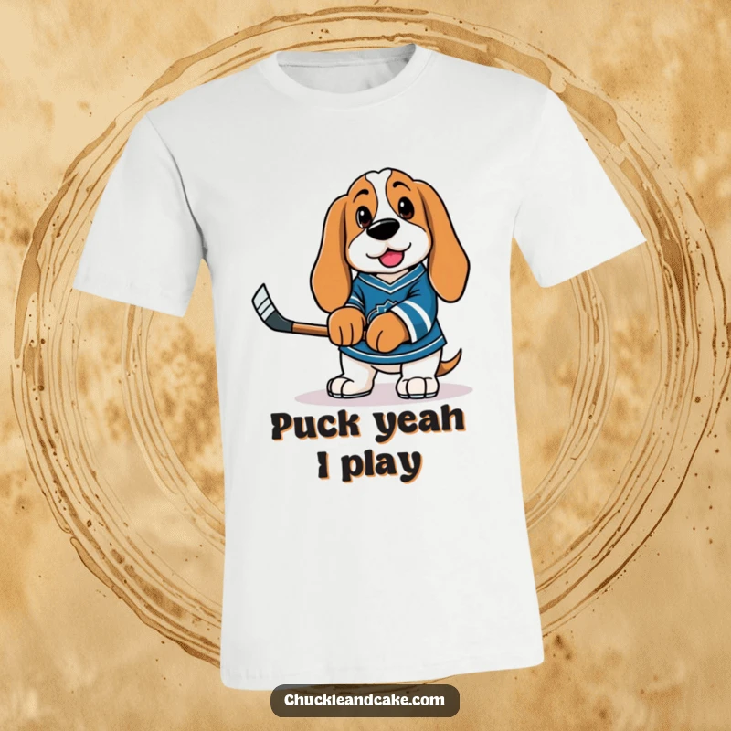 Funny Basset Hound in a hockey jersey, holding a tiny stick, looking determined on this fun t-shirt.