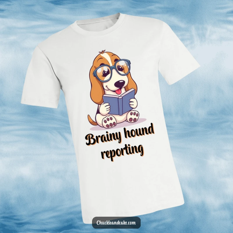 Funny Basset Hound with droopy ears wearing spectacles, reading a tiny book, intellectual dog t-shirt, humorous bookworm apparel, unique funny gift.