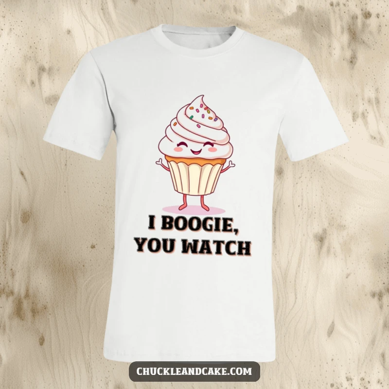 Funny t-shirt showcasing a happy cupcake with sprinkles and legs, enthusiastically dancing, radiating pure, contagious joy and humor.