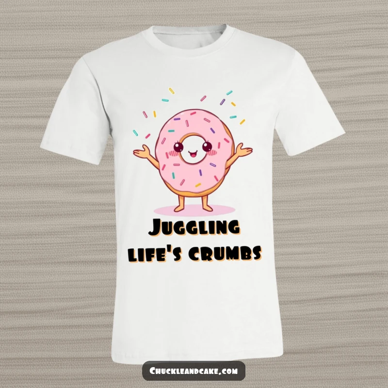 Funny t-shirt depicting a cheerful, anthropomorphic donut with cute small eyes, juggling a cascade of sprinkles.