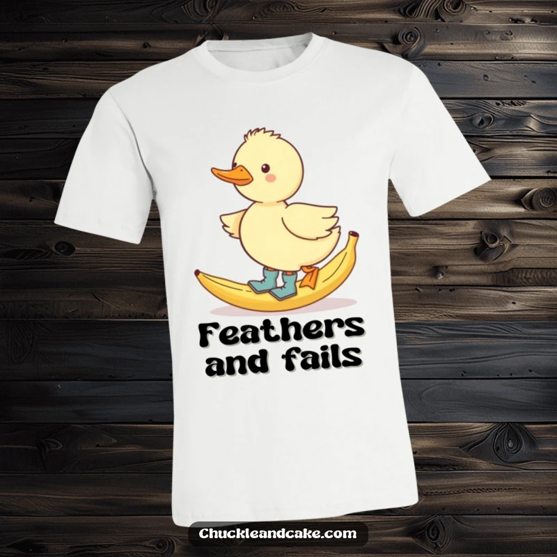 Funny waddling duck wearing tiny boots, comically slipping on a banana peel, humorous t-shirt.