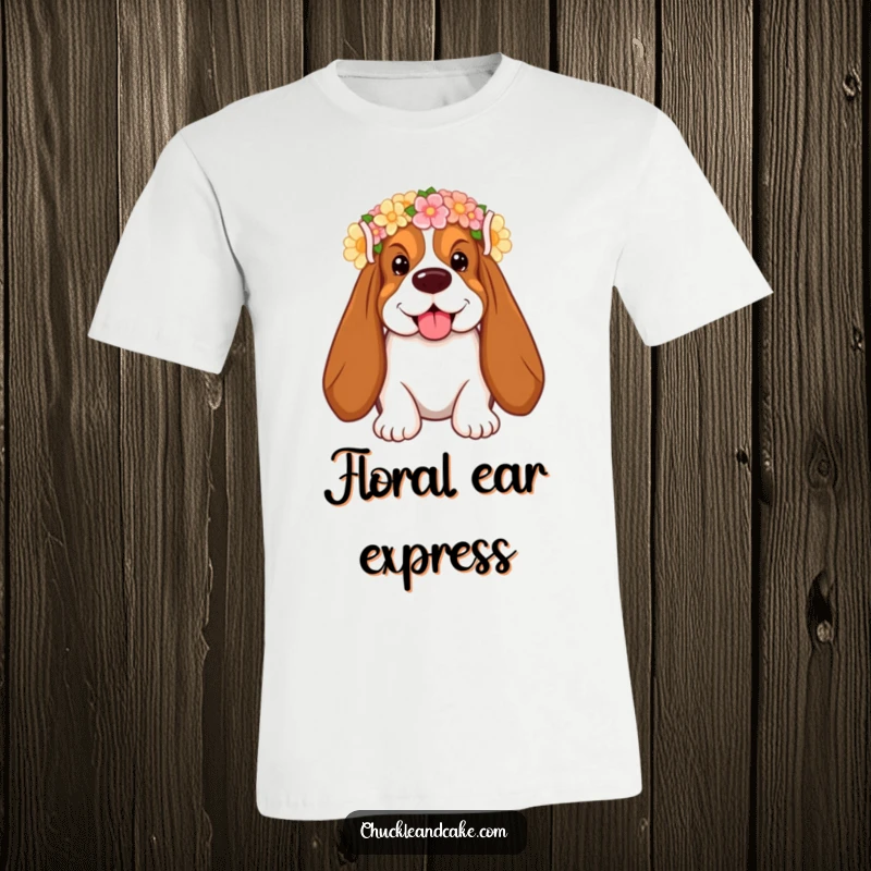 Funny Basset Hound T-Shirt with droopy ears, wearing a flower crown, smiling brightly, perfect for humorous expression.