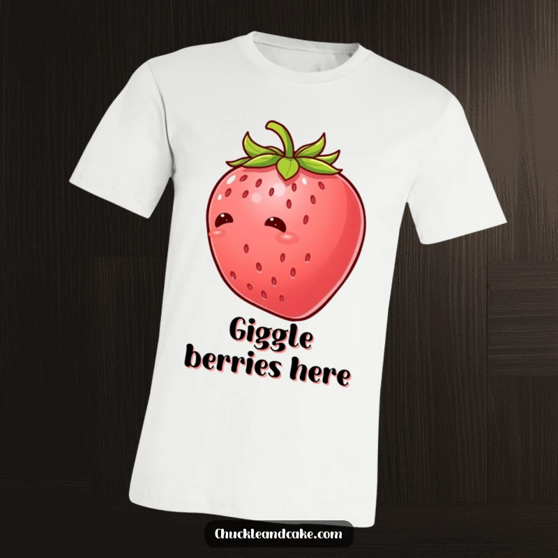 Funny strawberry with leaves giggling uncontrollably, a t-shirt design showcasing a tickled fruit character in a state of hilarious mirth.