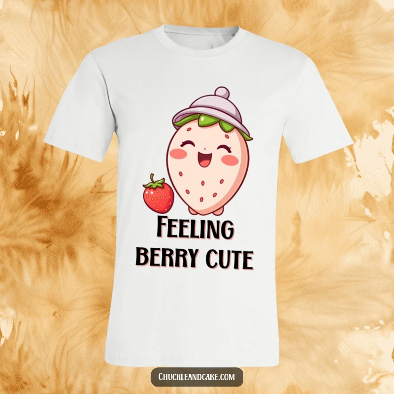 Funny strawberry t-shirt with a happy strawberry sporting a tiny hat and a contagious giggle, embodying pure delight.