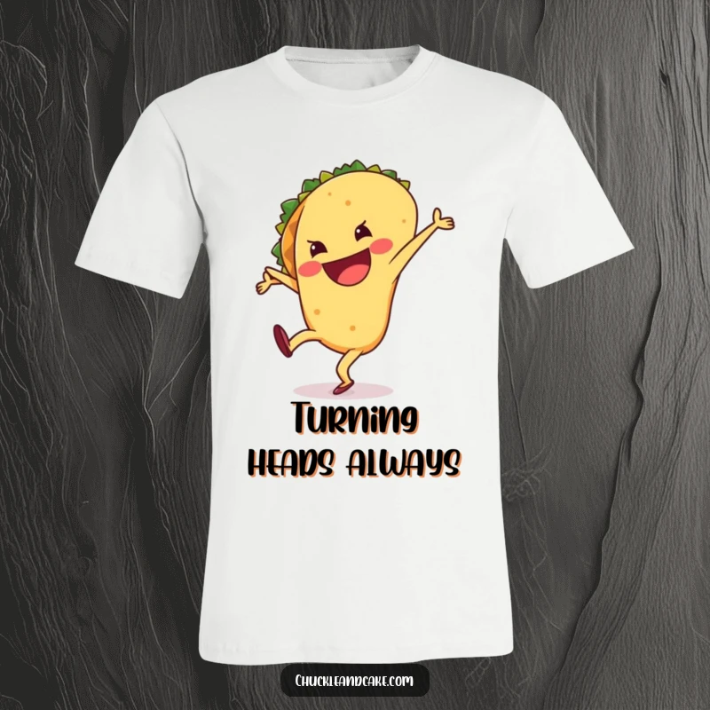 Funny t-shirt design of a grinning taco performing a dynamic, silly cartwheel with pure zest and comical happiness.