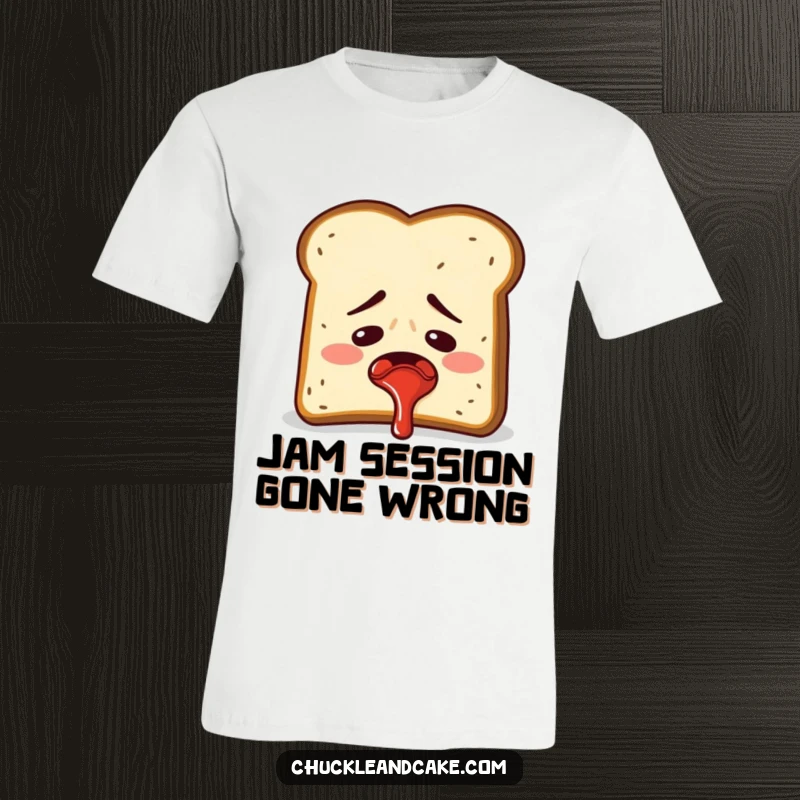 Funny embarrassed slice of toast accidentally spraying jam, a messy and humorous t-shirt.