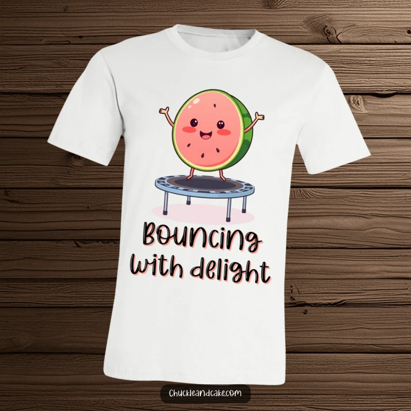 Funny watermelon t-shirt with a happy slice of watermelon mid-bounce on a trampoline, embodying summer fun and energy.