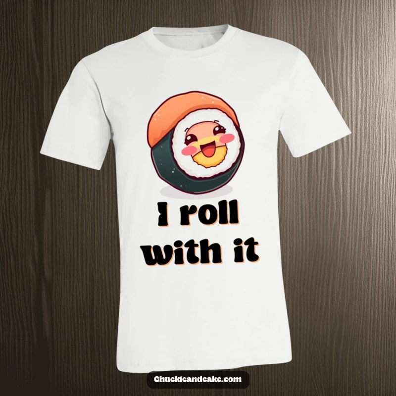 Funny t-shirt depicting a beaming sushi roll happily spinning, a joyful and humorous design for everyday wear.