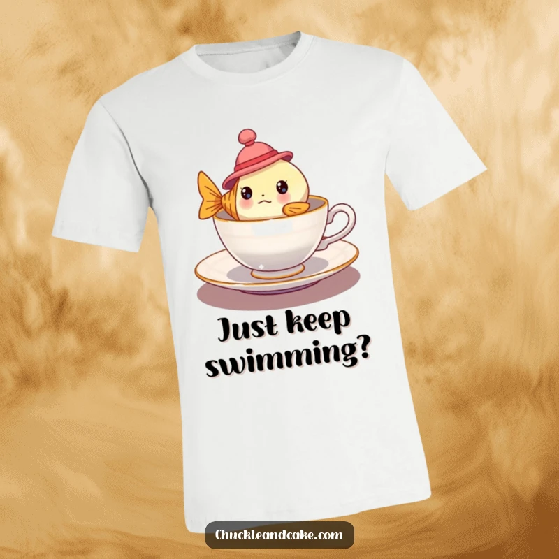 Funny bewildered fish wearing a small hat floating in a teacup on a t-shirt, whimsical and humorous apparel.