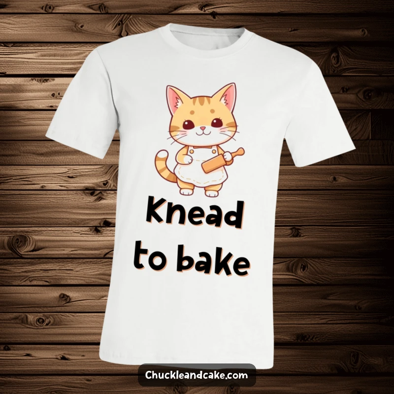 Funny Bobtail cat t-shirt showing a cat in an apron holding a rolling pin, ready for baking fun.