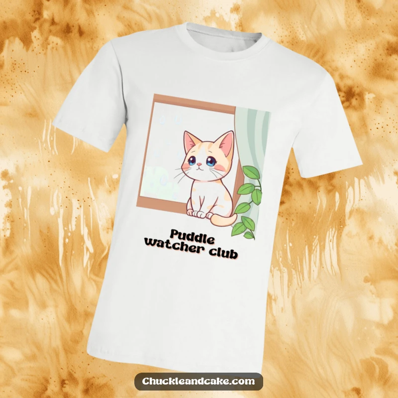 Funny T-shirt showing a Bobtail cat sitting by a window, watching raindrops, embodying a peaceful, contemplative mood.