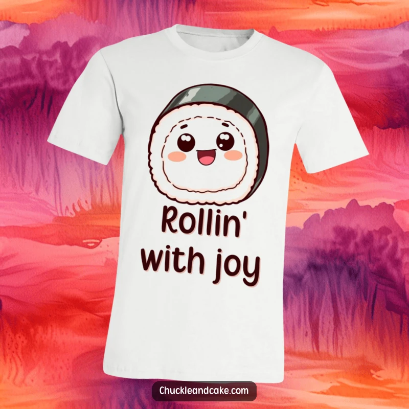 Funny t-shirt design of a happy sushi slice with googly eyes, energetically skipping with pure delight and comical charm.