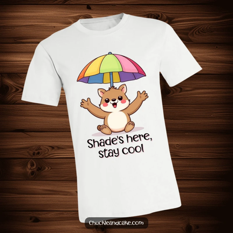 Funny t-shirt depicting an animal enthusiastically holding up a colorful beach umbrella.