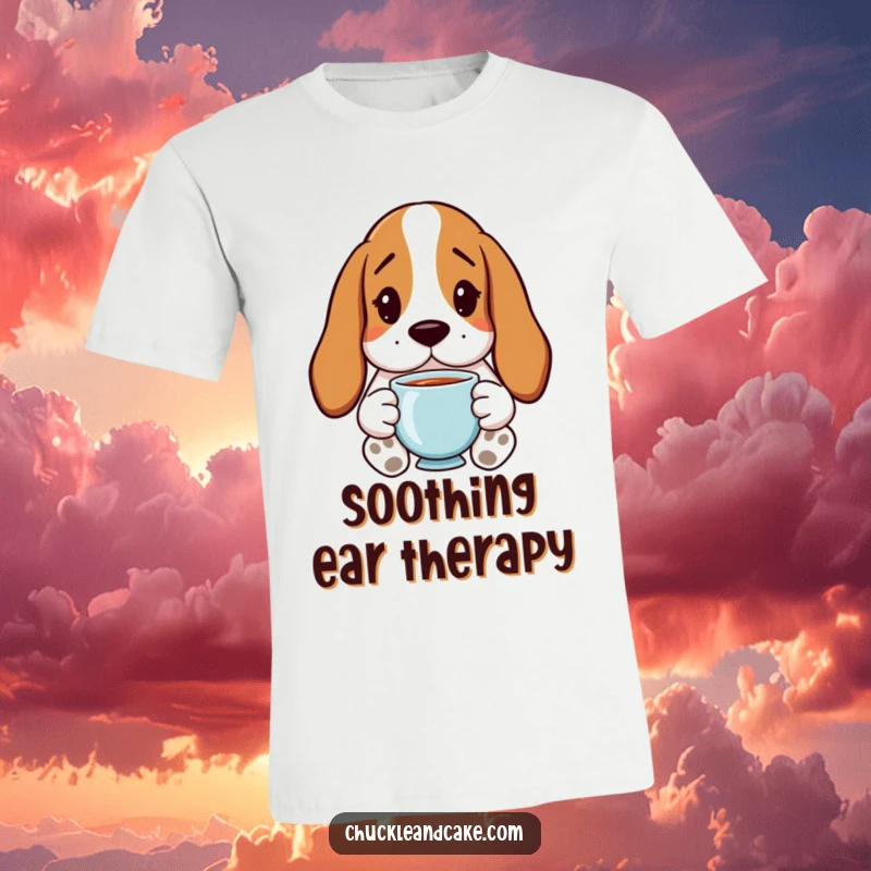 Funny Basset Hound T-Shirt with droopy ears, holding a cup of tea, perfect for humorous relaxation.
