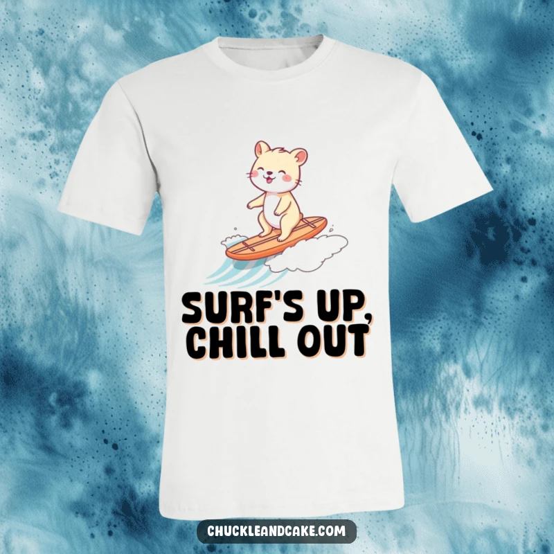 Funny t-shirt depicting a happy animal gleefully riding a small surfboard down a gentle wave.