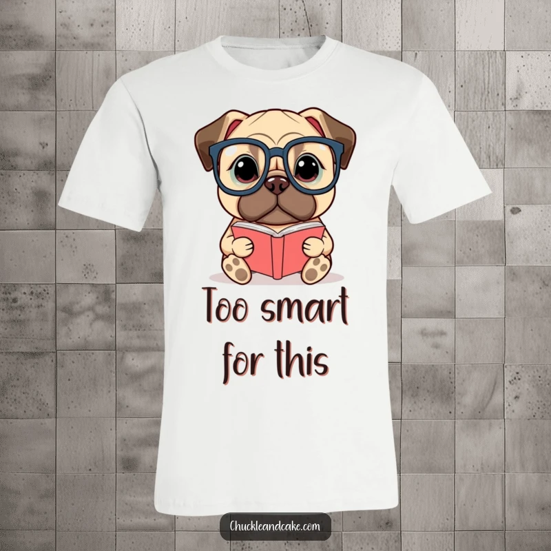 Funny Bullmastiff t-shirt featuring a dog wearing glasses and reading a small book, radiating intelligence and humor.