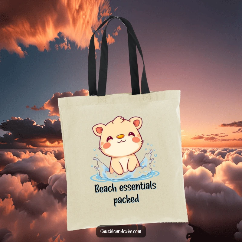 Funny tote bag featuring a happy animal with sunscreen on its nose, playfully splashing in ocean waves.