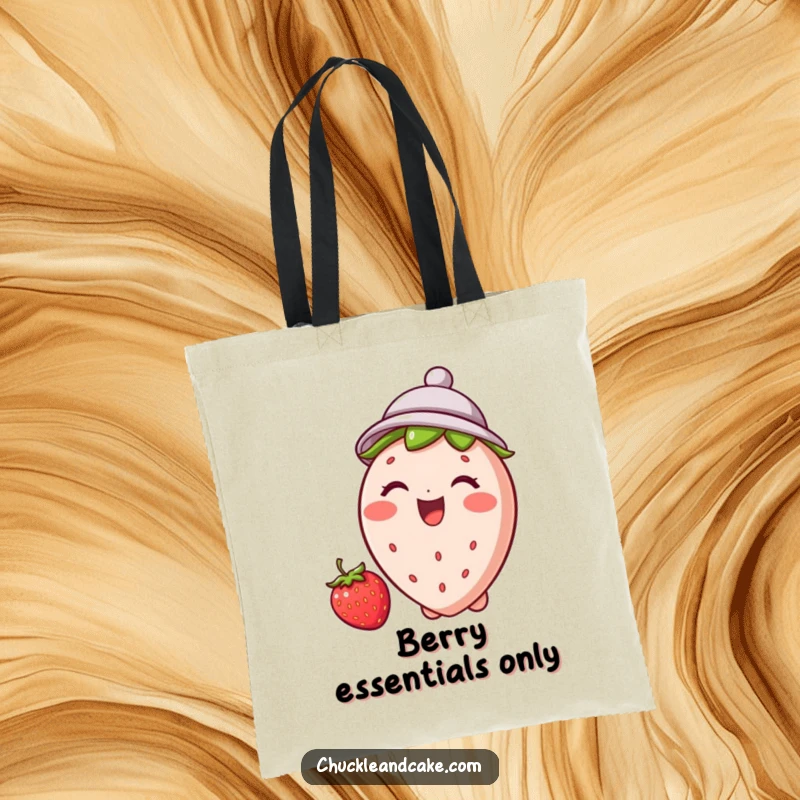 Funny strawberry tote bag featuring a giggling strawberry in a tiny hat, perfect for grocery trips and carrying happiness.