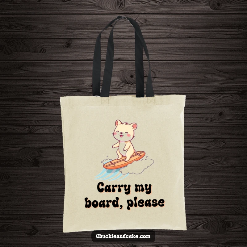 Funny tote bag featuring a joyful animal riding a tiny surfboard down a gentle wave.