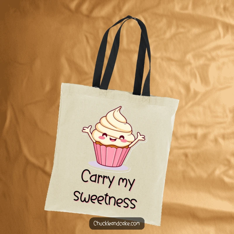 Funny tote bag featuring a stylized, happy cupcake spinning merrily with frosting arms outstretched.